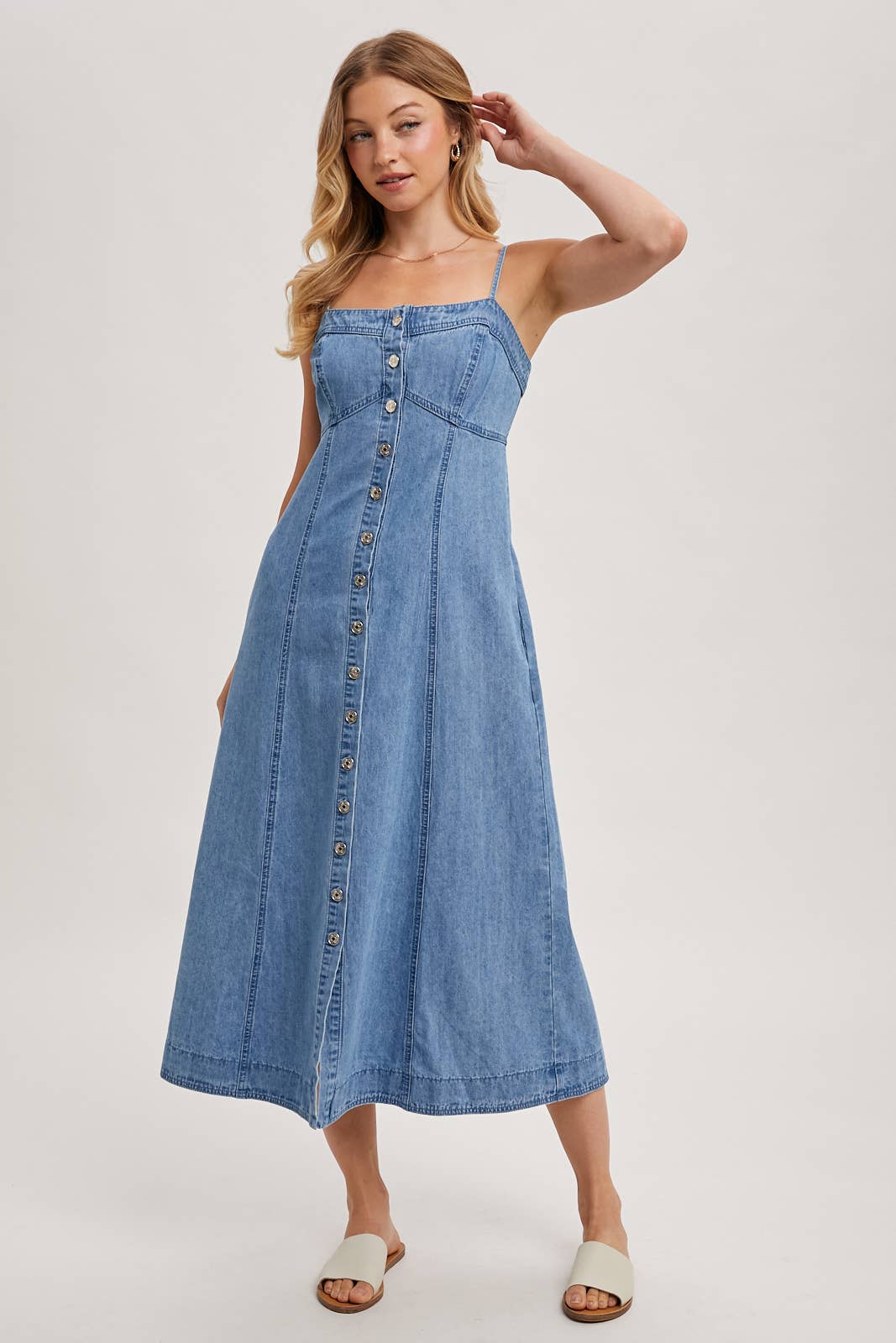 BUTTON DOWN SLEEVELESS DENIM MIDI DRESS
