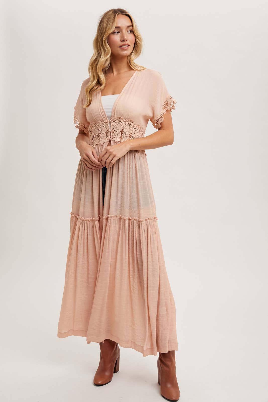 OPEN FRONT LACE TRIMMED MAXI DUSTER SHORT SLEEVED CARDIGAN