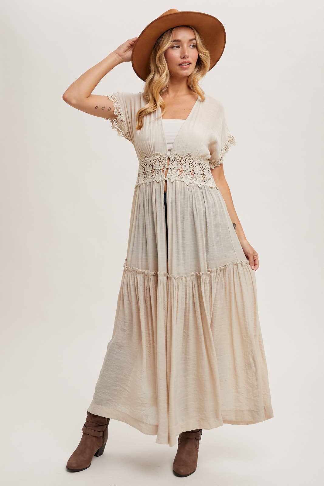 OPEN FRONT LACE TRIMMED MAXI DUSTER SHORT SLEEVED CARDIGAN