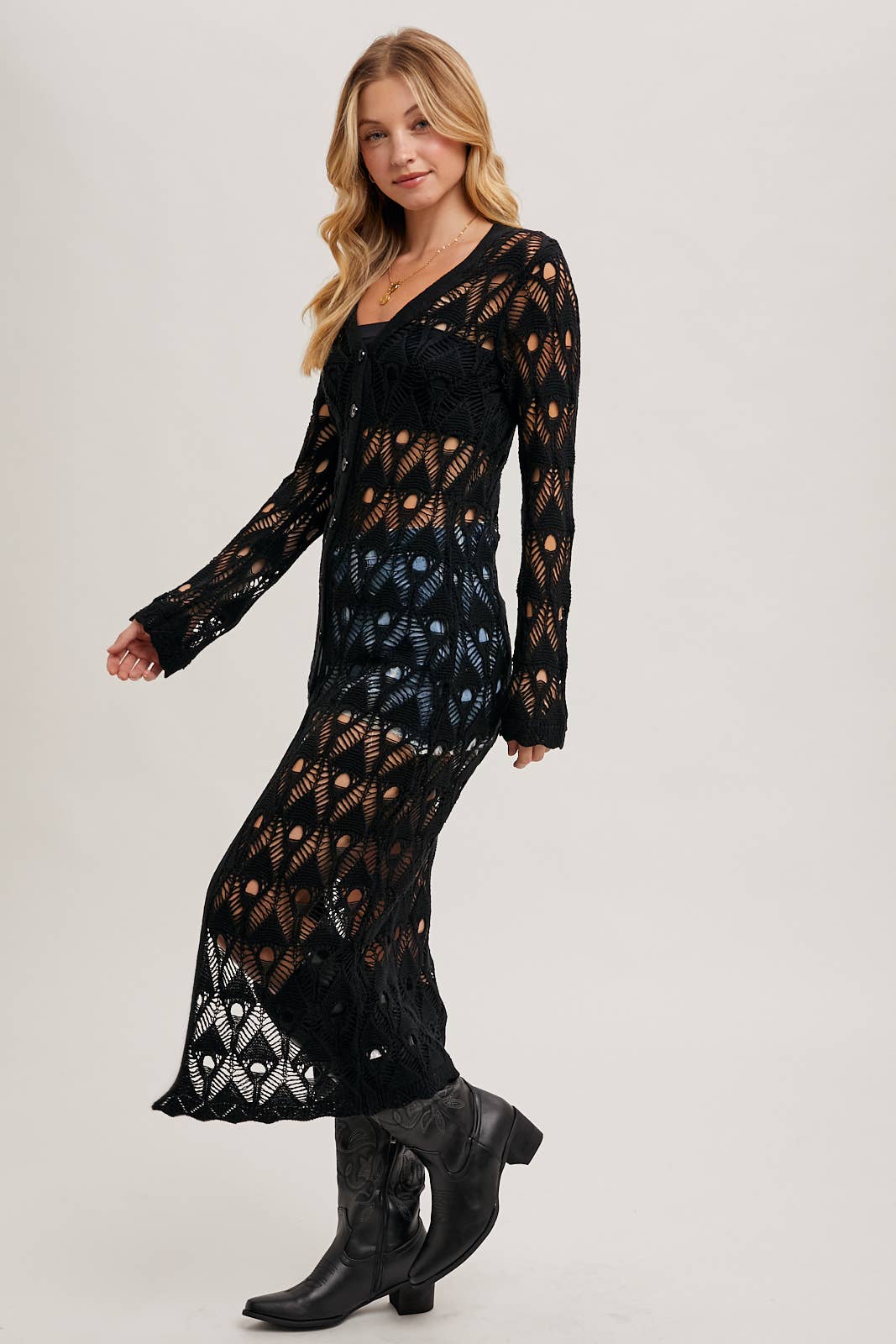 BUTTON DOWN CROCHET MAXI CARDIGAN