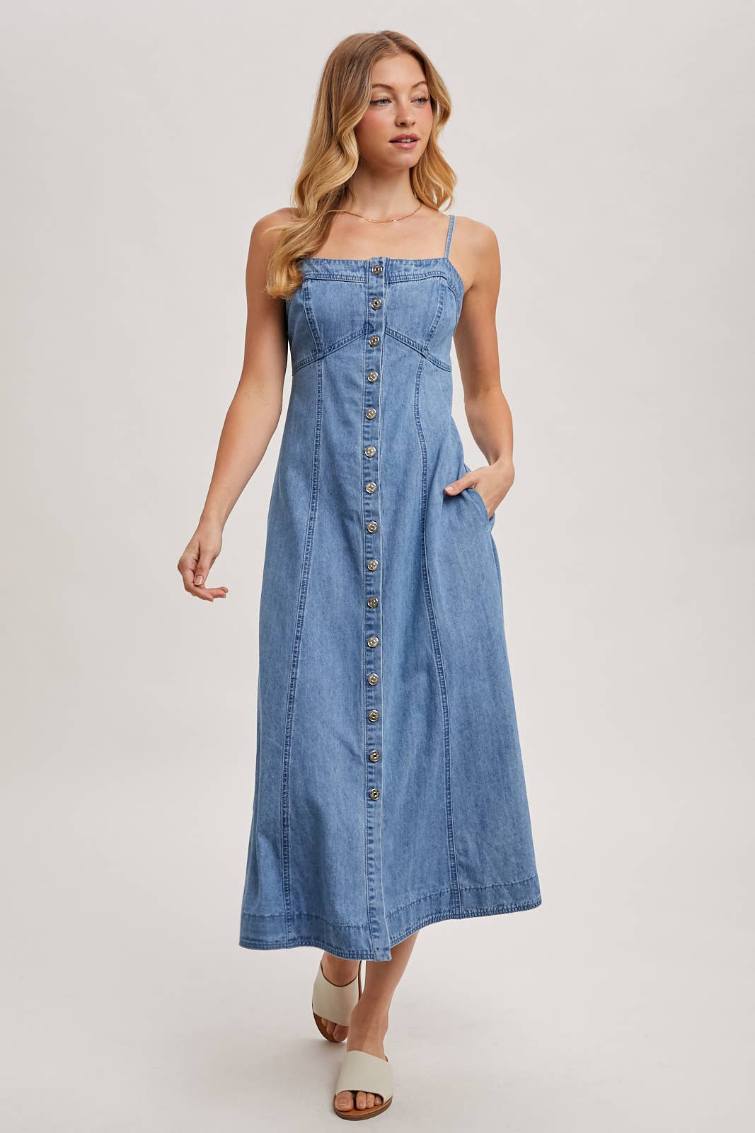 BUTTON DOWN SLEEVELESS DENIM MIDI DRESS