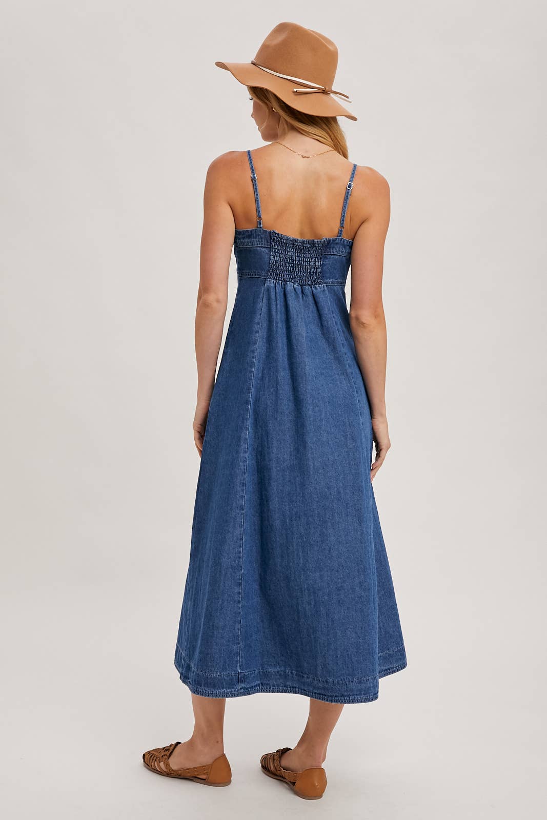 BUTTON DOWN SLEEVELESS DENIM MIDI DRESS