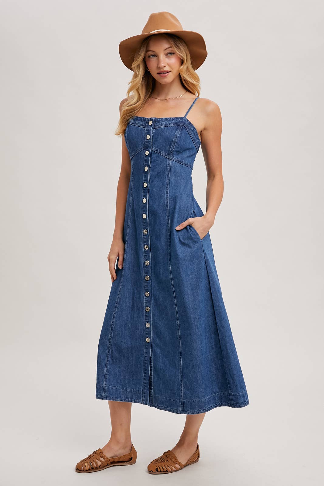 BUTTON DOWN SLEEVELESS DENIM MIDI DRESS