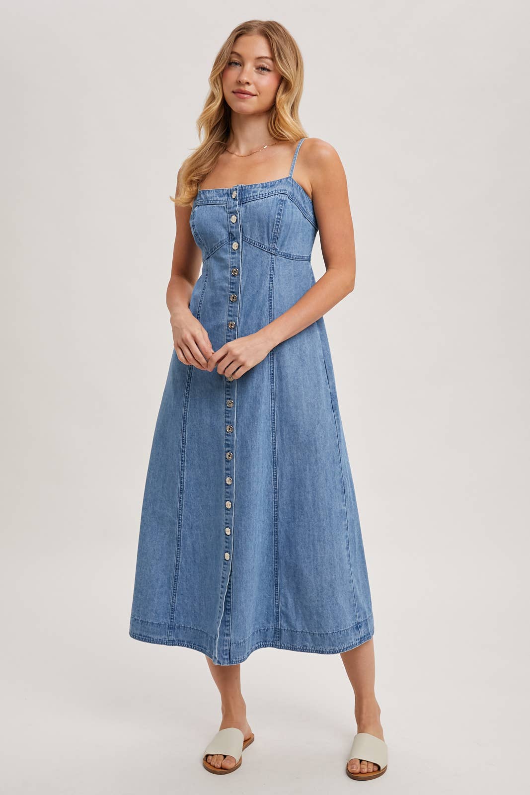 BUTTON DOWN SLEEVELESS DENIM MIDI DRESS