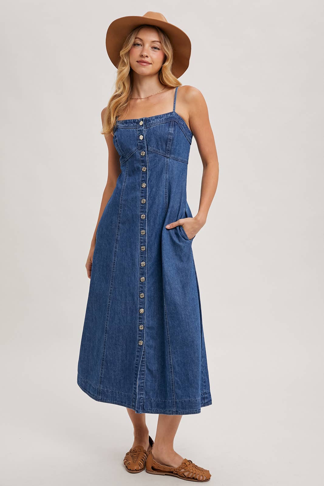 BUTTON DOWN SLEEVELESS DENIM MIDI DRESS