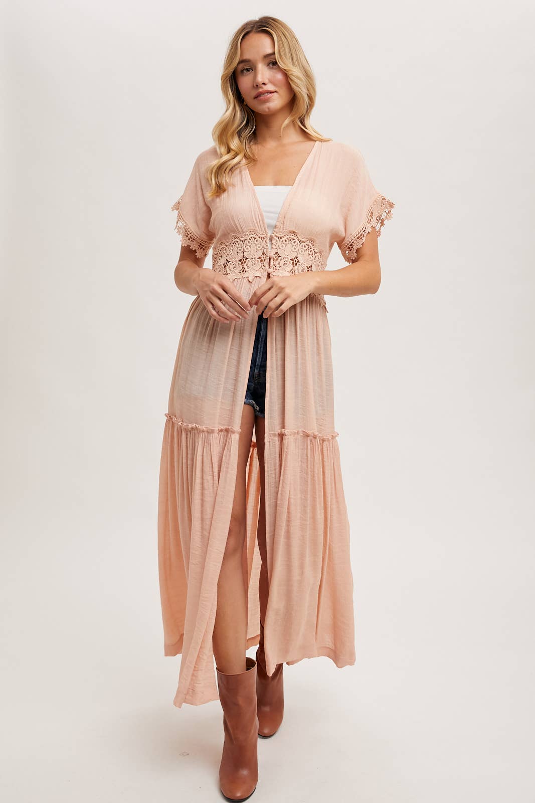 OPEN FRONT LACE TRIMMED MAXI DUSTER SHORT SLEEVED CARDIGAN