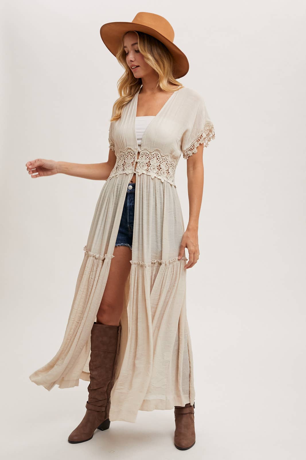 OPEN FRONT LACE TRIMMED MAXI DUSTER SHORT SLEEVED CARDIGAN