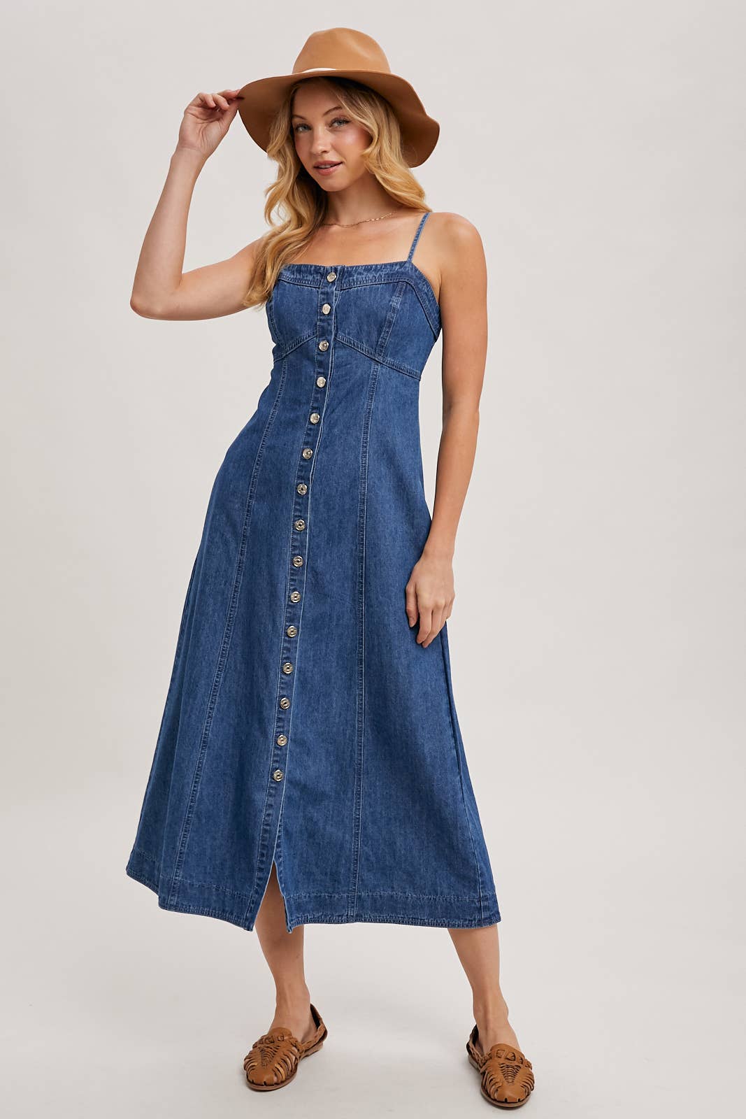 BUTTON DOWN SLEEVELESS DENIM MIDI DRESS