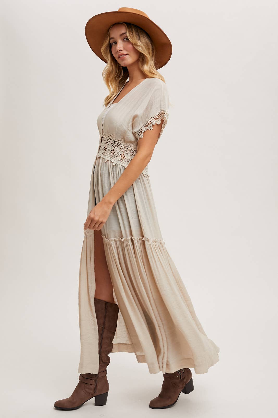 OPEN FRONT LACE TRIMMED MAXI DUSTER SHORT SLEEVED CARDIGAN