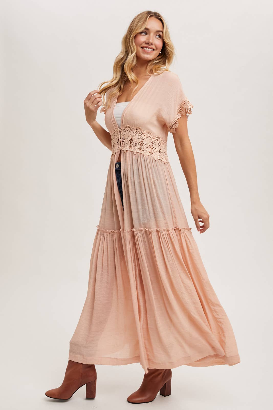 OPEN FRONT LACE TRIMMED MAXI DUSTER SHORT SLEEVED CARDIGAN