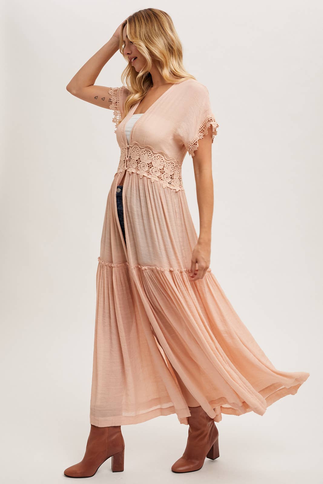 OPEN FRONT LACE TRIMMED MAXI DUSTER SHORT SLEEVED CARDIGAN