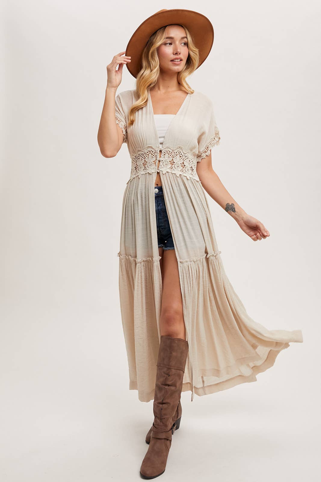 OPEN FRONT LACE TRIMMED MAXI DUSTER SHORT SLEEVED CARDIGAN