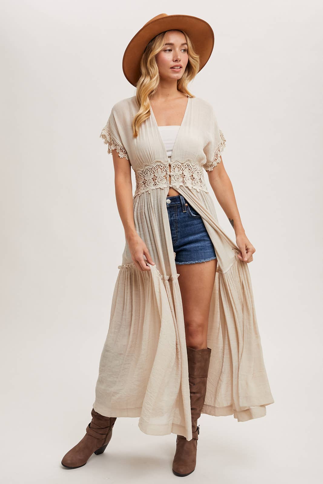 OPEN FRONT LACE TRIMMED MAXI DUSTER SHORT SLEEVED CARDIGAN
