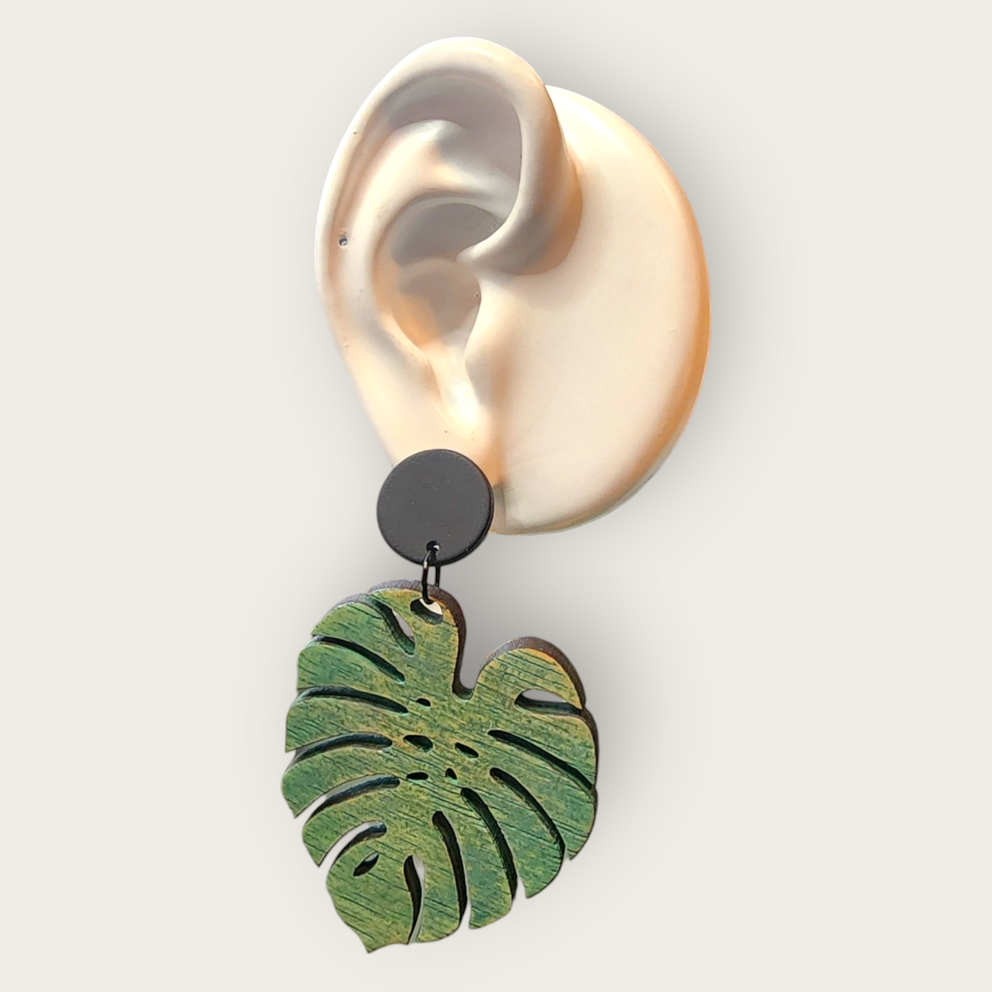 Large distressed green monstera earrings