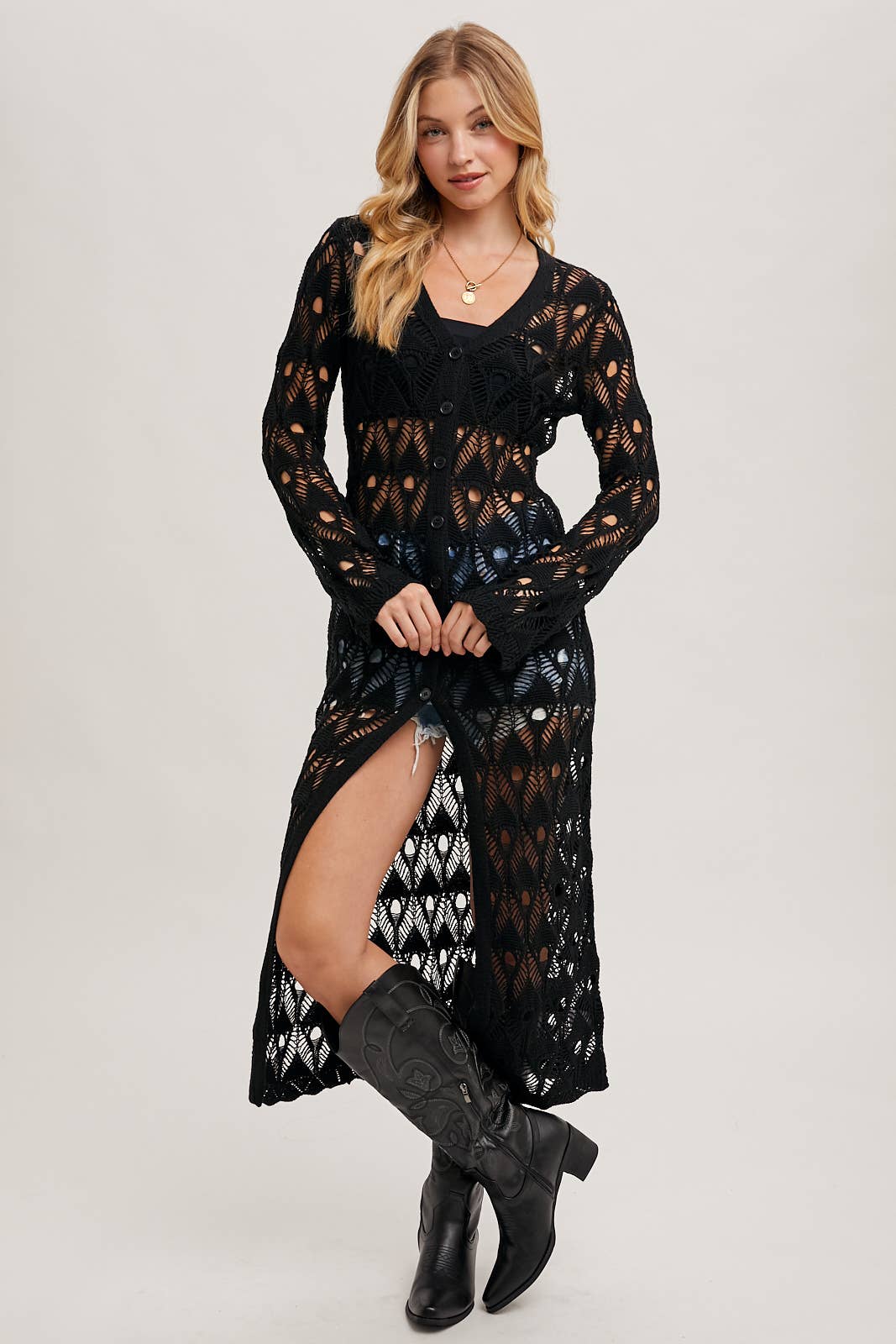 BUTTON DOWN CROCHET MAXI CARDIGAN