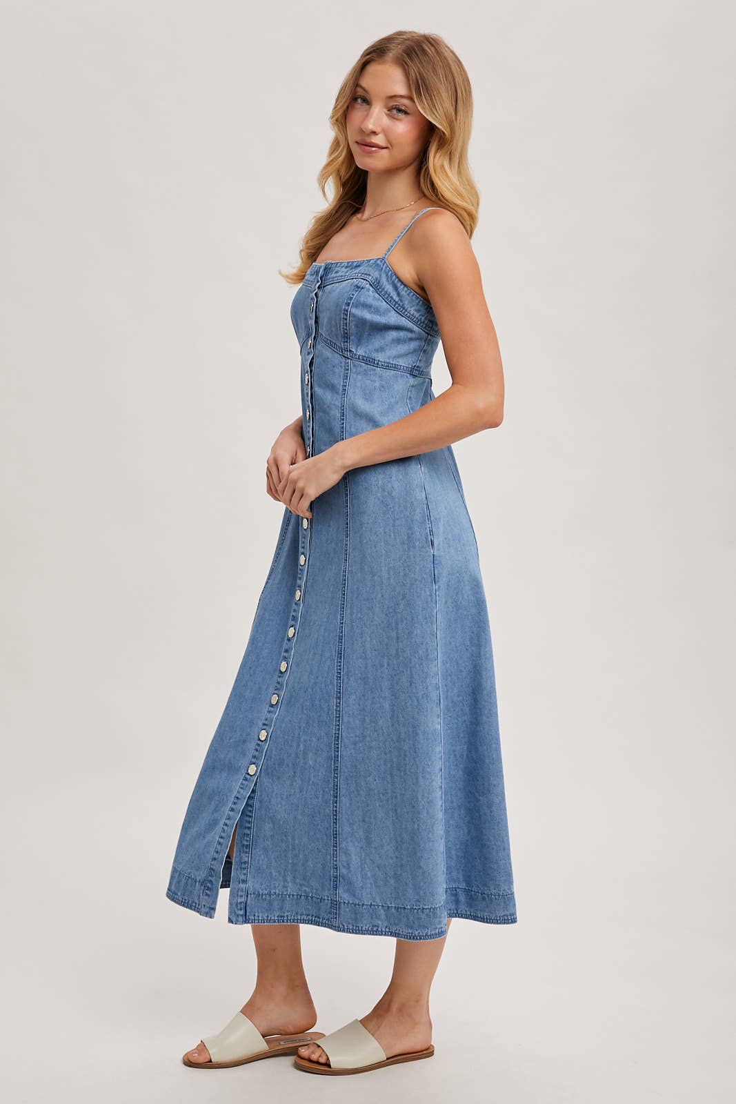 BUTTON DOWN SLEEVELESS DENIM MIDI DRESS