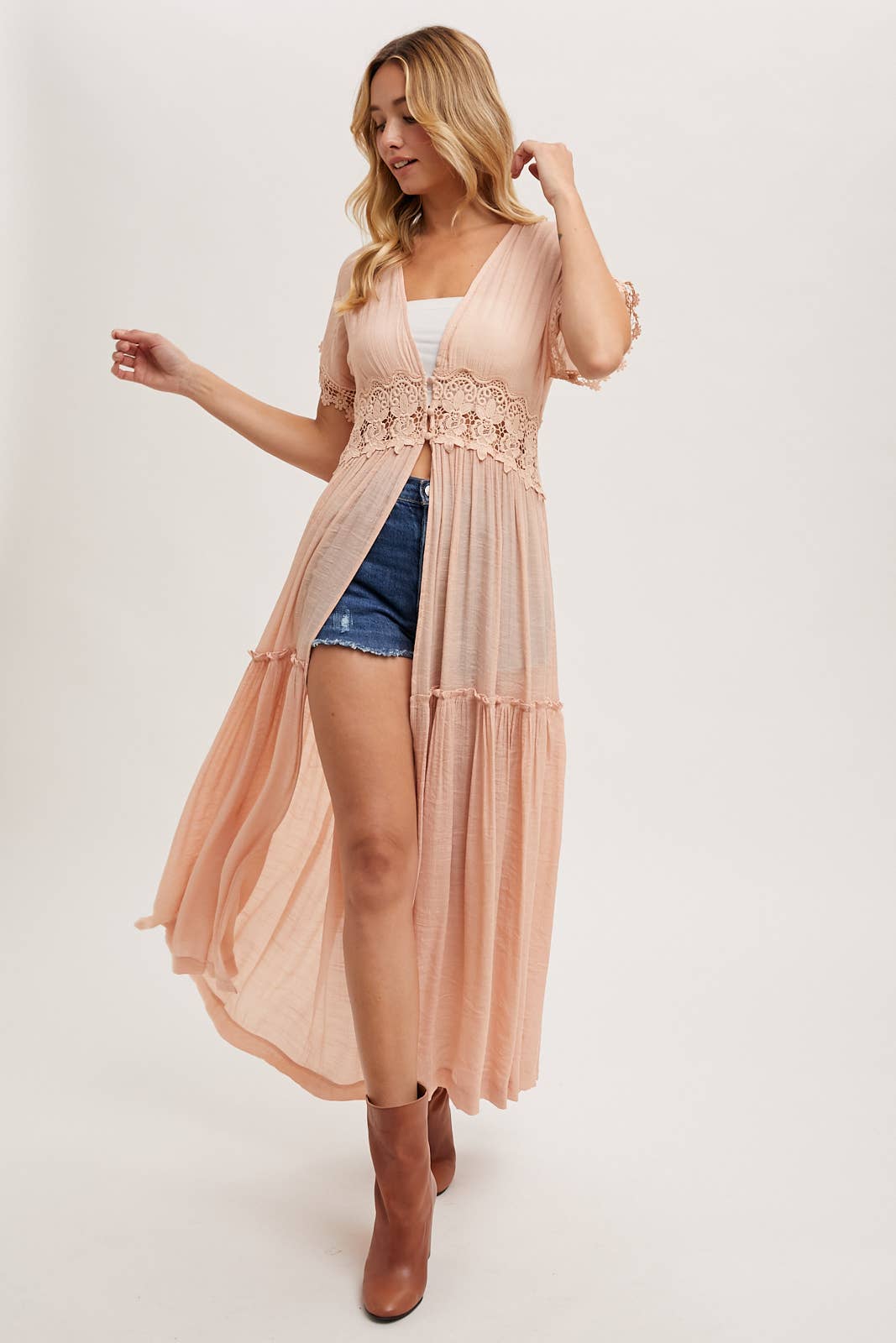 OPEN FRONT LACE TRIMMED MAXI DUSTER SHORT SLEEVED CARDIGAN