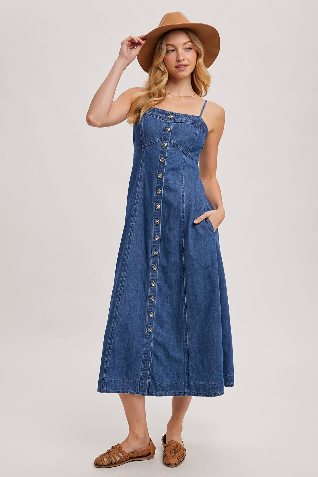 BUTTON DOWN SLEEVELESS DENIM MIDI DRESS