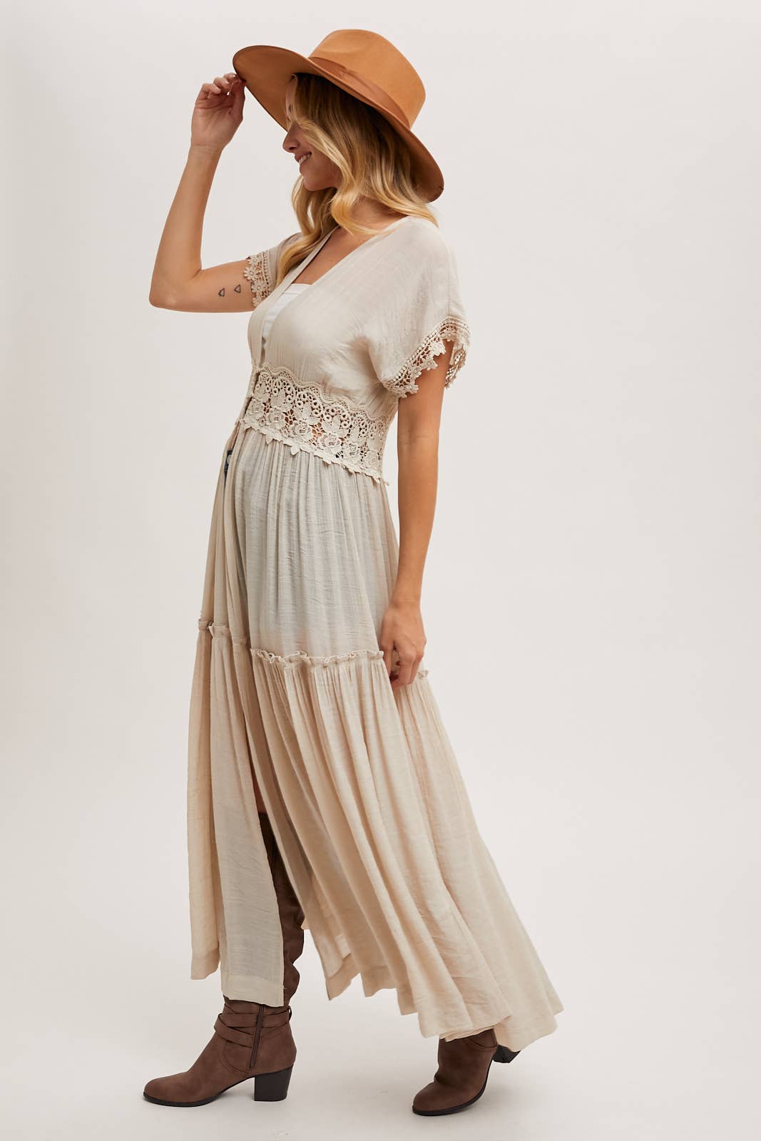 OPEN FRONT LACE TRIMMED MAXI DUSTER SHORT SLEEVED CARDIGAN