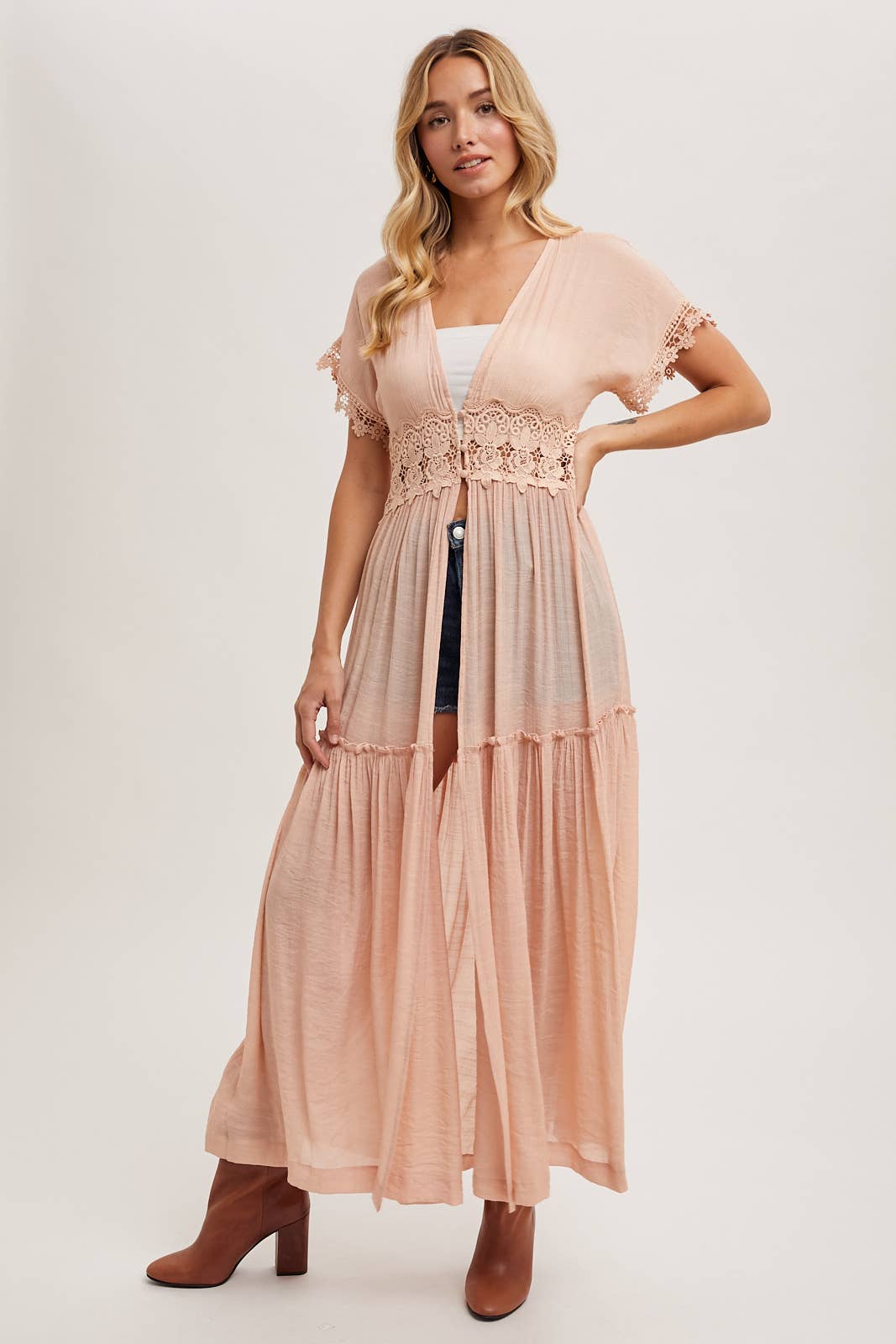 OPEN FRONT LACE TRIMMED MAXI DUSTER SHORT SLEEVED CARDIGAN