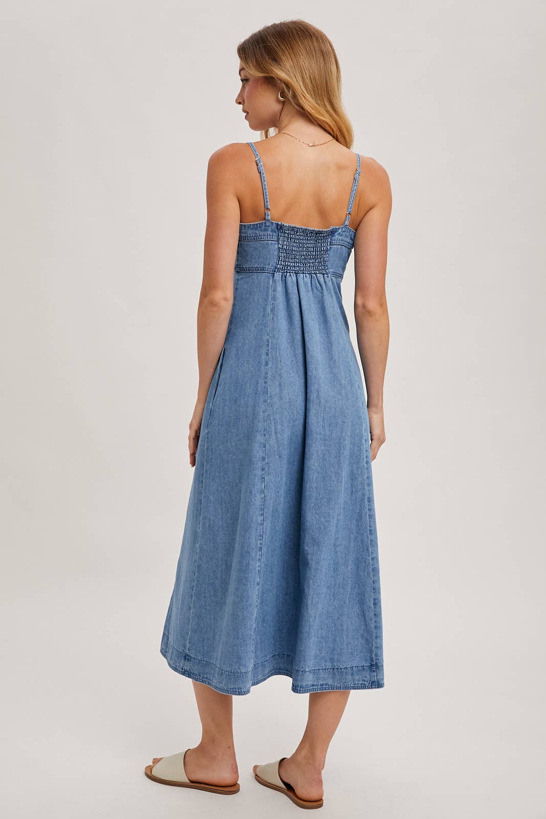 BUTTON DOWN SLEEVELESS DENIM MIDI DRESS