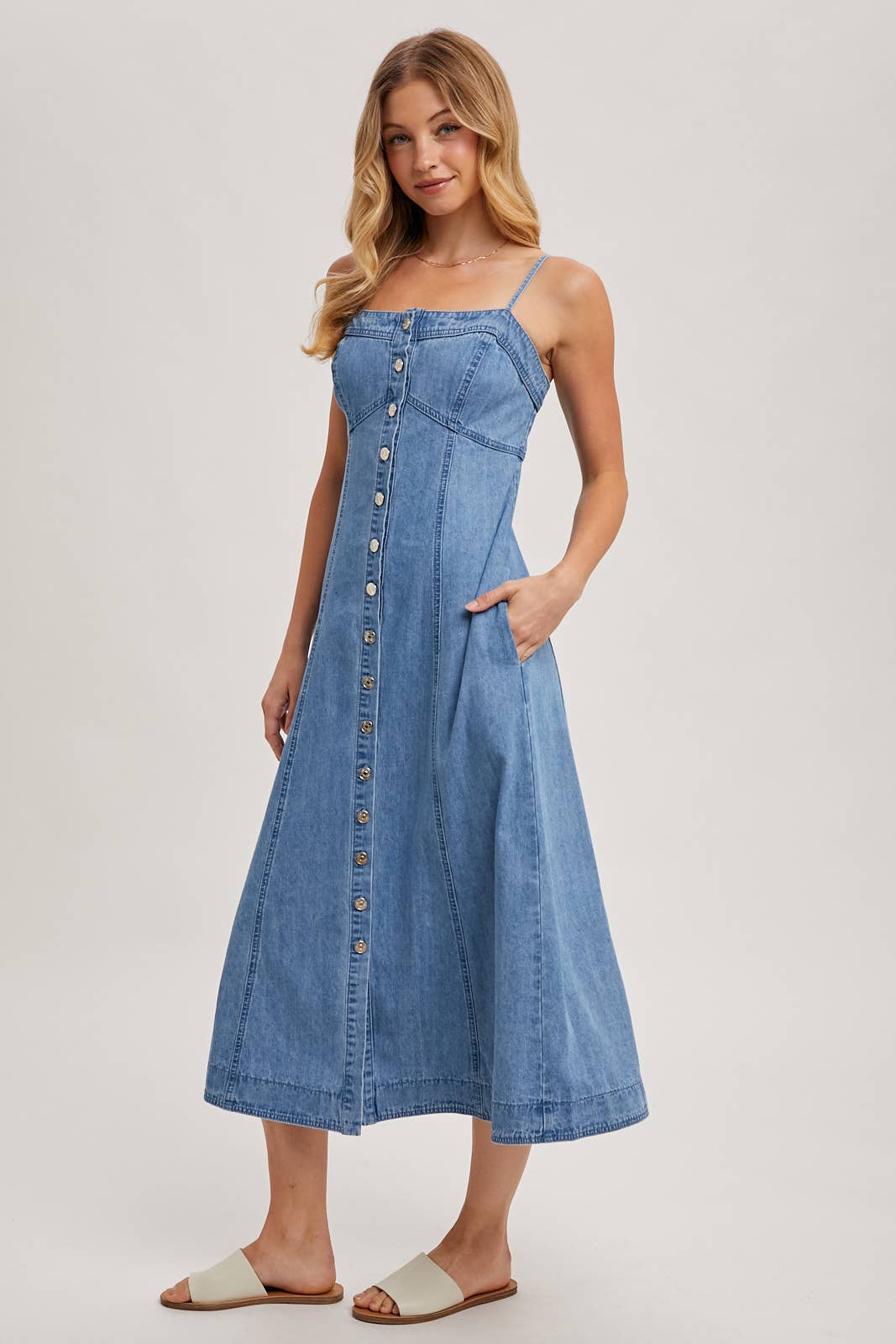 BUTTON DOWN SLEEVELESS DENIM MIDI DRESS