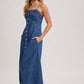 BUTTON DOWN SLEEVELESS DENIM MIDI DRESS