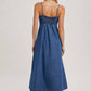 BUTTON DOWN SLEEVELESS DENIM MIDI DRESS