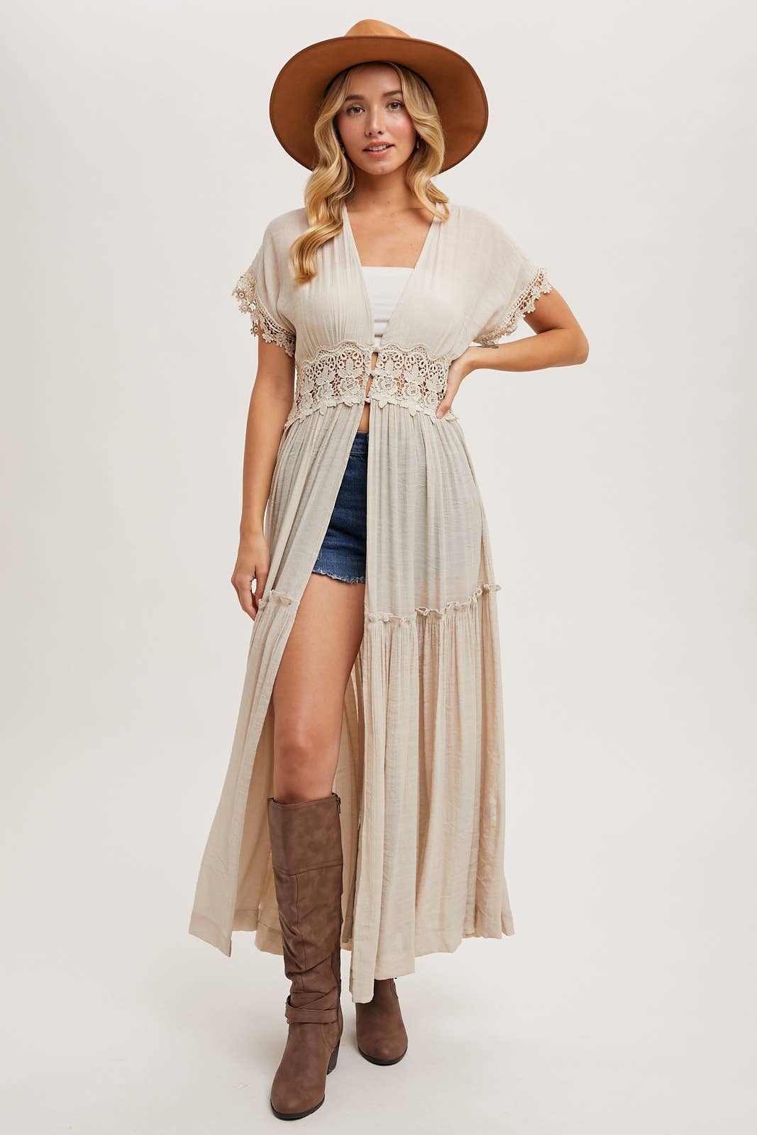 OPEN FRONT LACE TRIMMED MAXI DUSTER SHORT SLEEVED CARDIGAN