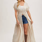 OPEN FRONT LACE TRIMMED MAXI DUSTER SHORT SLEEVED CARDIGAN