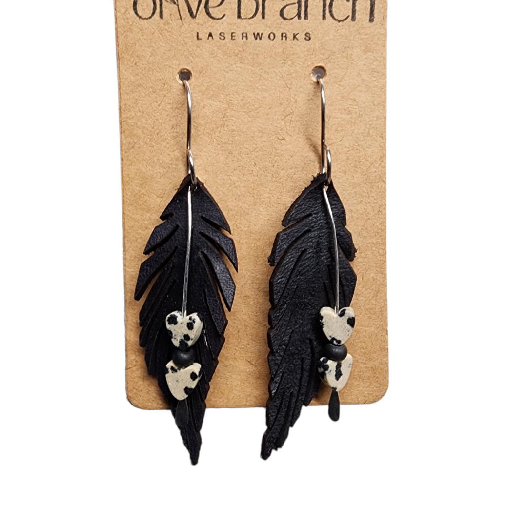 Leather feather earrings with beaded drop pin