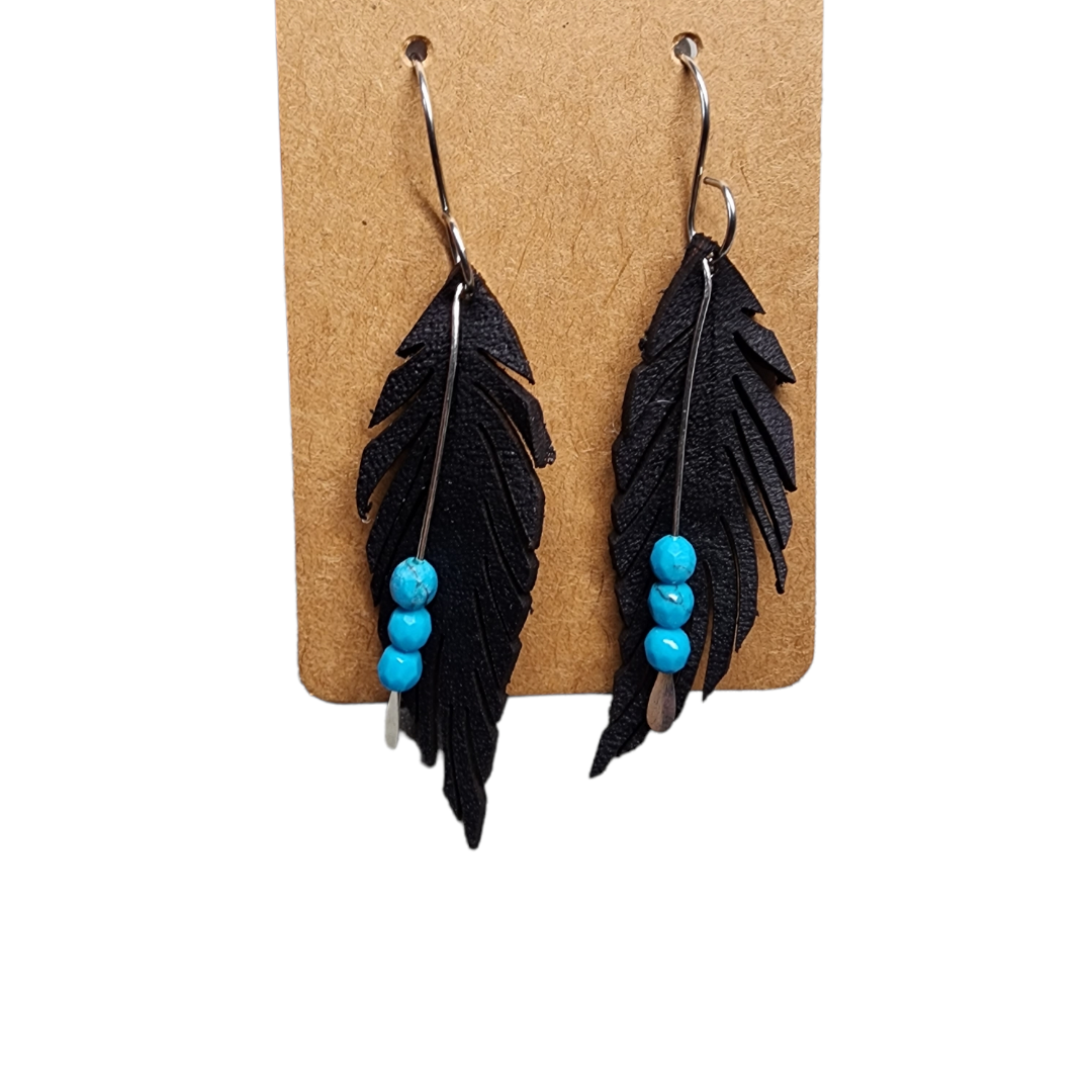 Leather feather earrings with beaded drop pin