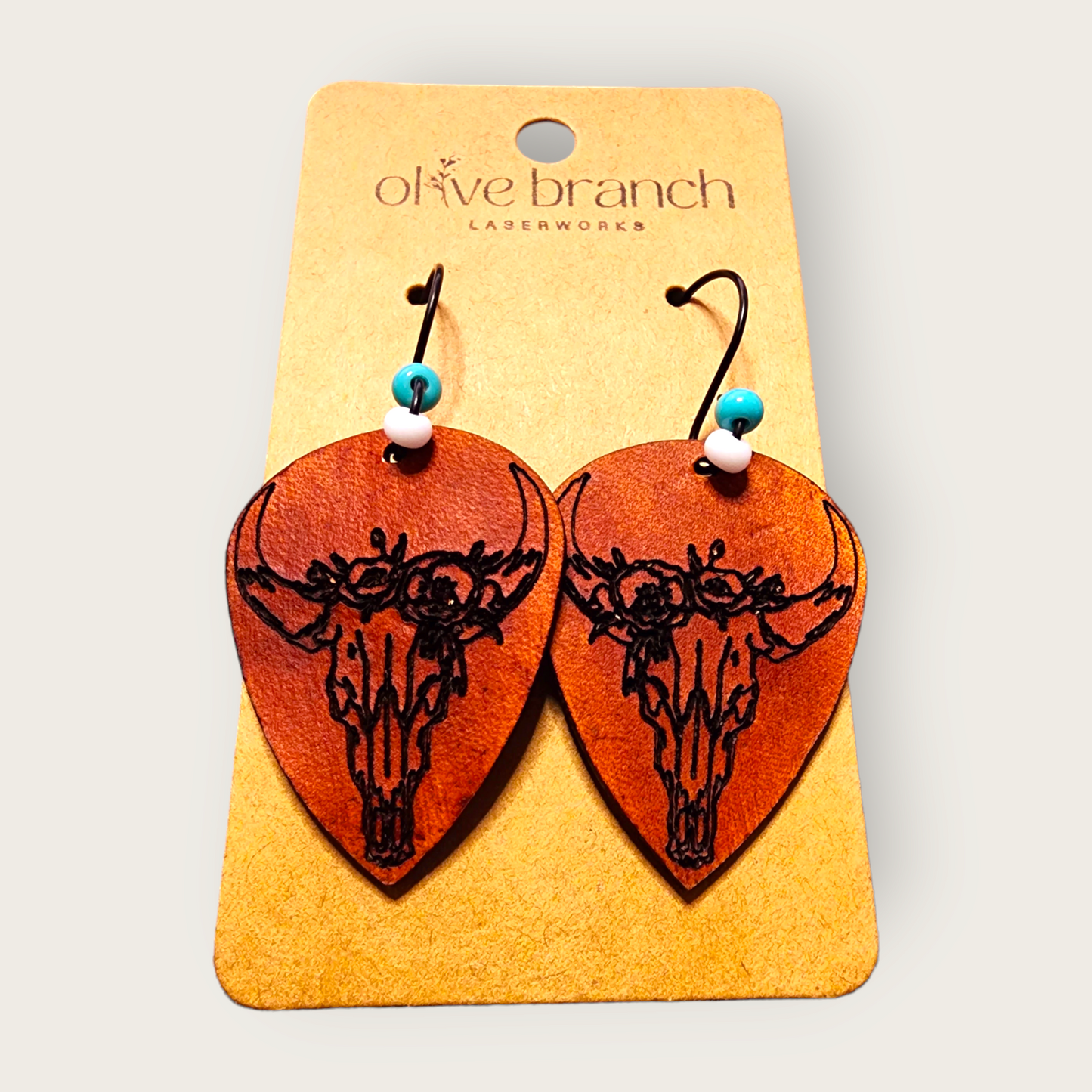 Guitar Pick Leather Bull Skull Earrings