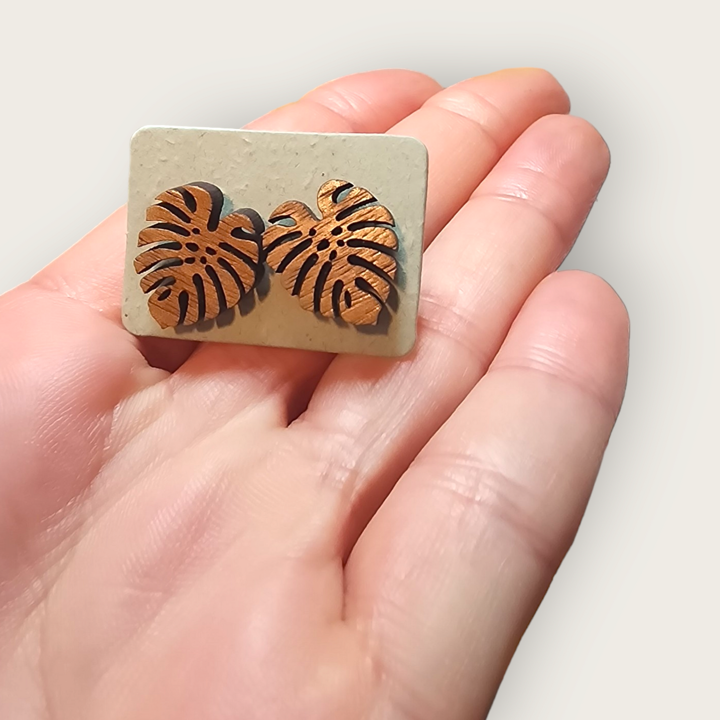 Wood Monstera Leaf Studs