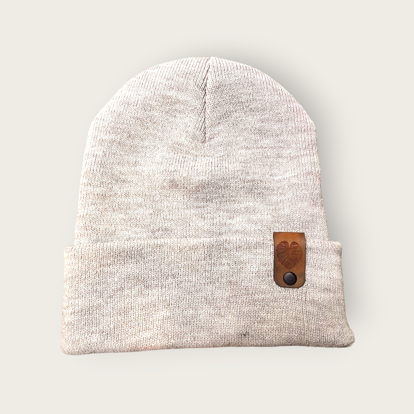 Beanie with Monstera Leaf leather cuff detail