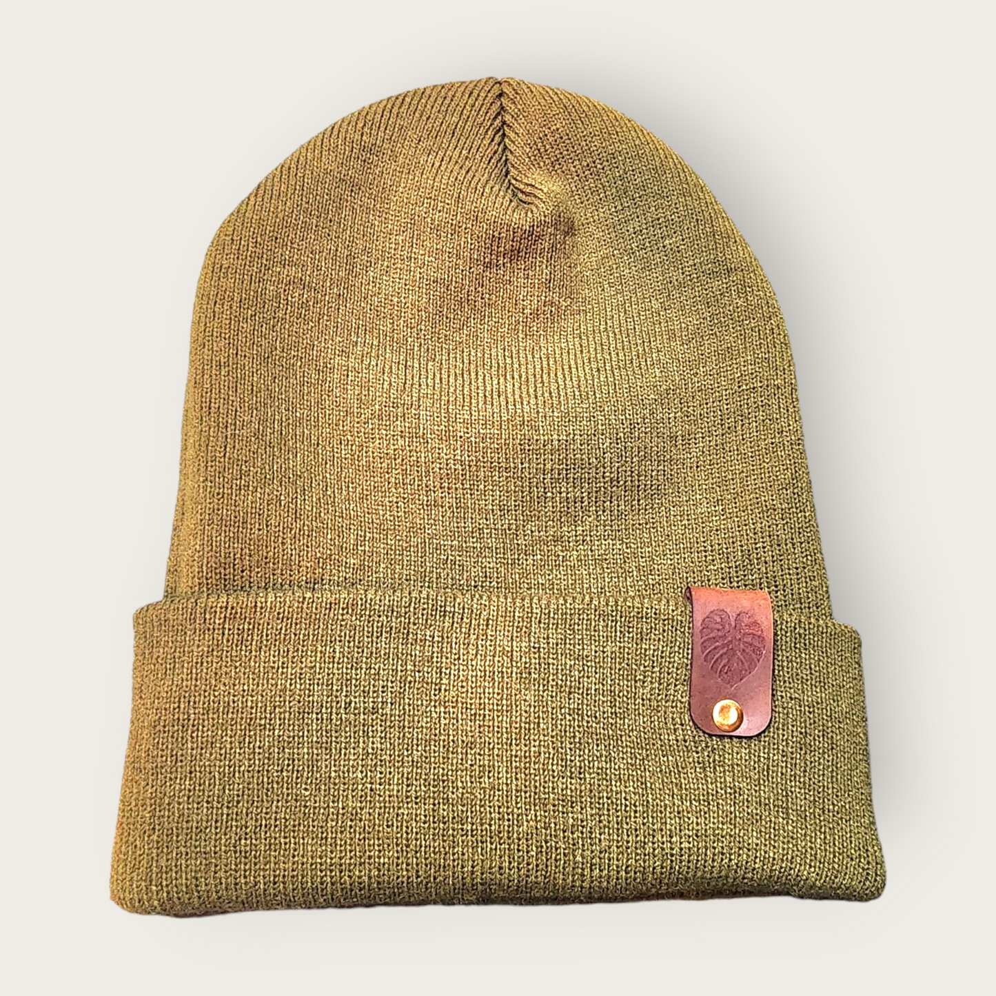 Beanie with Monstera Leaf leather cuff detail