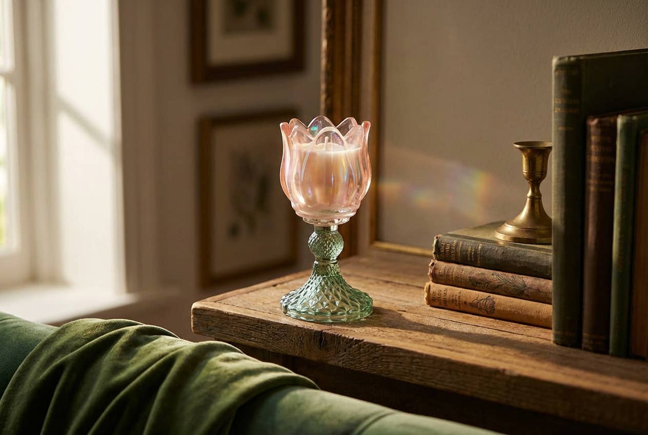 5.88" Iridescent Tulip Pedestal Glass Candle