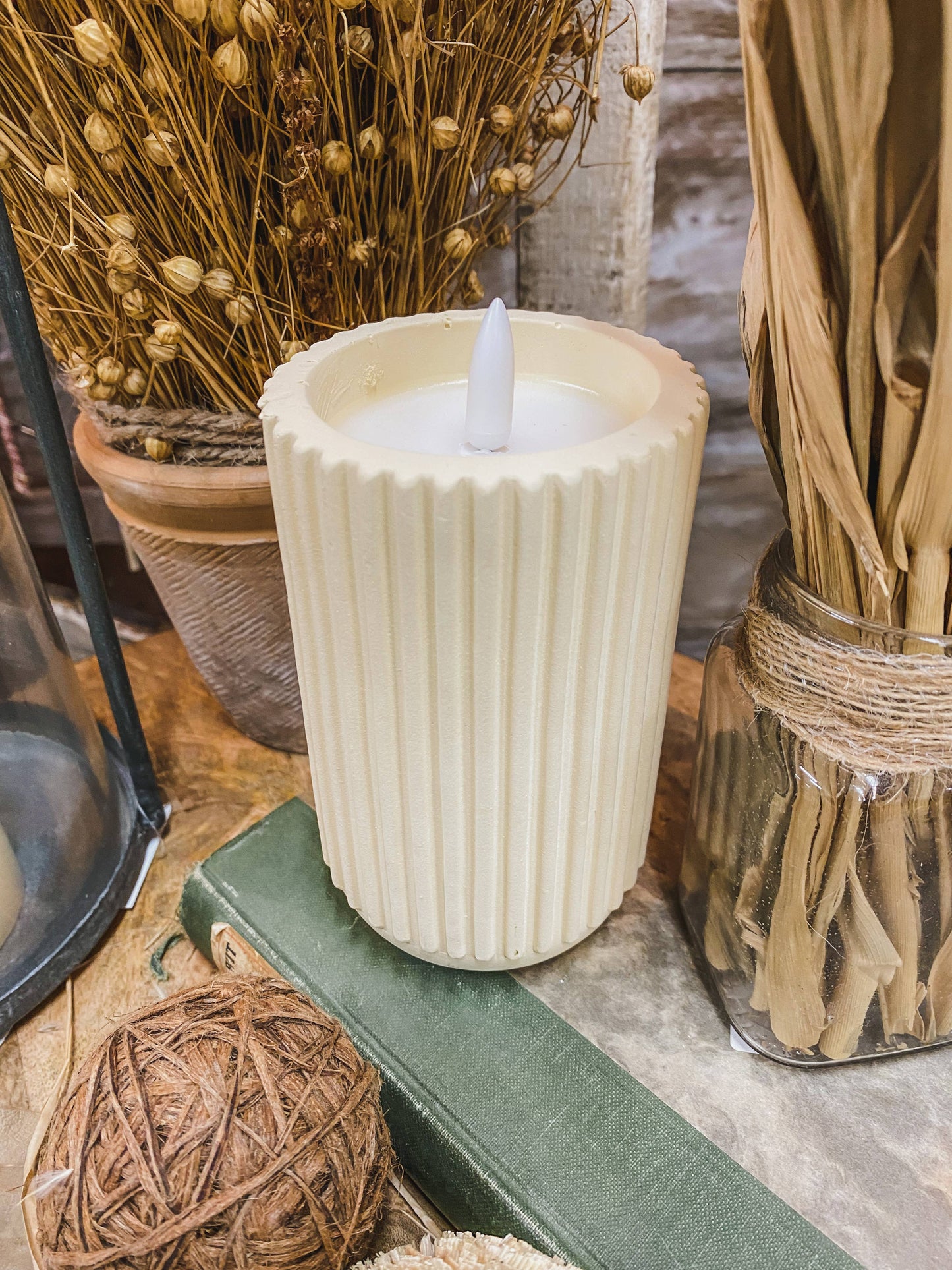Cream Cement Look Glow Pillar 3x5in