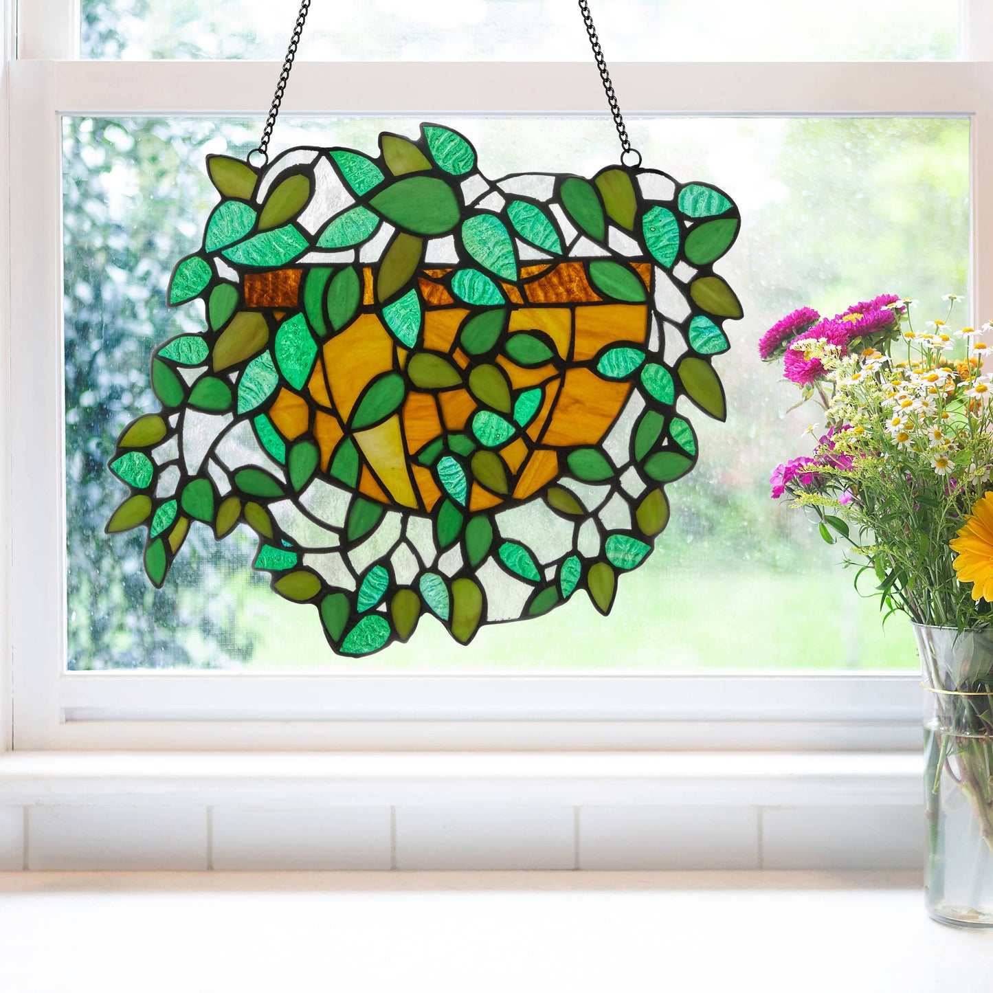 13"W Hanging Plant Tiffany-Style Stained Glass Window Panel