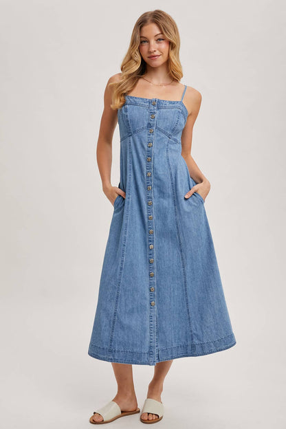 BUTTON DOWN SLEEVELESS DENIM MIDI DRESS